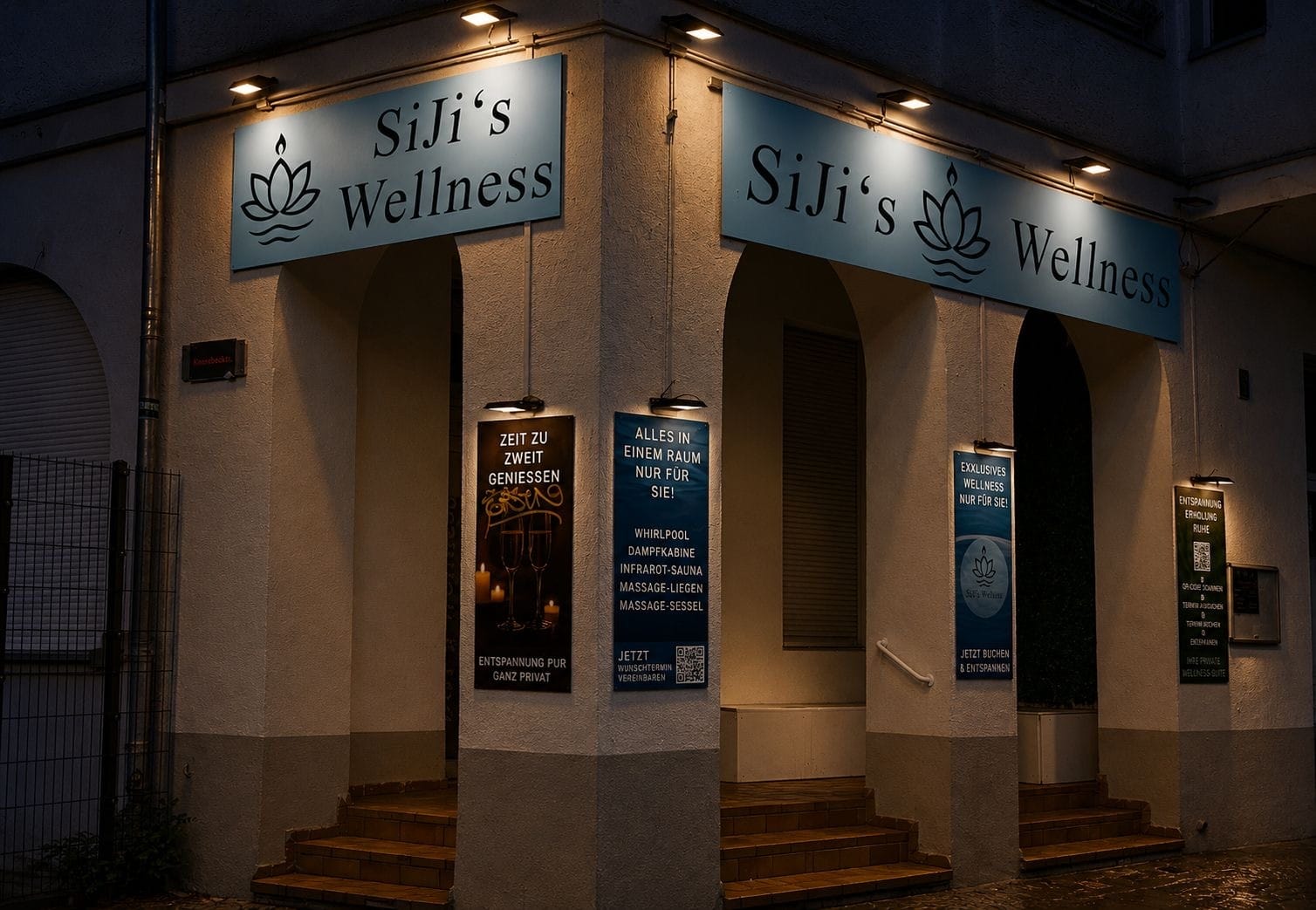 Außenansicht des Sijis Wellness Standorts Reinickendorf mit zwei gebrandeten Eingängen